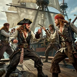 pirate ship fight, highly detailed, unreal engine 5, professional portrait photography, candid photography, by greg rutkowski and alphonse mucha and loish and wlop