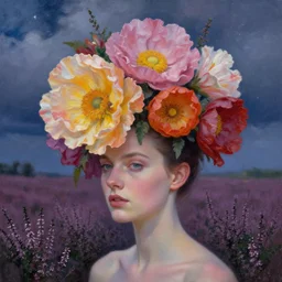 closeup, large flowers as head mohawk, woman in heather field, surreal photography, starlight, storm clouds, impressionist painting, digital painting, artstation, simon stalenhag