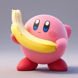 3 d render of a beautiful and accurate kirby eating a banana and taking its shape. intricate, professionnal digital art, octane render.