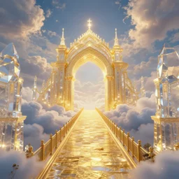 a long path to the gates of heaven with glowing clouds, illuminated background with streets made of gold and architecture made of crystal, photorealism, 4 k