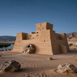 photo of a museum in a dessert next to river with mountains in the background, the museum is made out of rammed earth with huge rock in the front, the museum is huge and is 5 stories height and perforations holes and curves, the sky has stars and air with dusk, 8 0 k, octane,