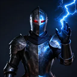 a black knight in shining armor wearing a mask with red glowing eyes. and with an outstretched hand. blue lightning bolts fly out of the hand