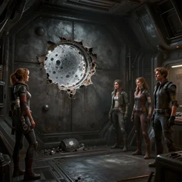 epic professional digital art interior view of dim spaceship cargo bay with wall torn by micrometeorite hole, detailed, mechanistic, leesha hannigan, wayne haag, reyna rochin, ignacio fernandez rios, best on artstation, cgsociety, stunning, much wow, cinematic