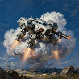 an armored core v in the cloud by liam wong, booster flares, legs, laser rifles, karst landscape, outdoor, dark blue sky, cloud, wilderness ground ; oil painting,