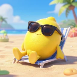 3 d render, disney pixar movie still, lemon character relaxing on a beach wearing sunglasses