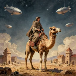 centered portrait of illustration, detailed, a person with a cloak riding a strange camel, houses in the horizon, volumetric, sci fi, space ships, fantasy scheme | coherence | art by jean giraud and moebius
