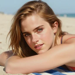 photorealistic painting of emma watson sunbathing at the beach, detailed, face closeup