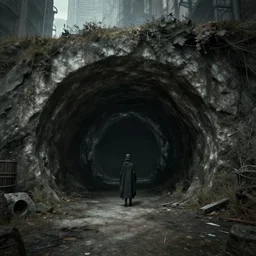 a cave entrance in the middle of a city, screenshot from bloodborne, professional work, stunning screenshot