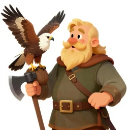 fantasy illustration of a dwarf in nature, a hawk is on his arm, blonde hair and mustache, holding an axe