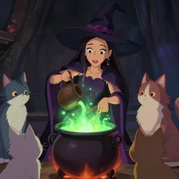 a wholesome animation key shot of a ariana grande with black hair as a witch cooking a magic potion in her cauldron of bubbling green liquid as her cats watch, medium shot, waist up, studio ghibli, pixar and disney animation, sharp, rendered in unreal engine 5, anime key art by greg rutkowski, bloom, dramatic lighting