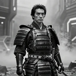 portrait of marlon brando as japanese samurai warrior king, in black traditional armoury, in futuristic cyborg world, by jan van eyck, misty black and white kurosawa movie