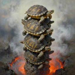 a tower of turtles stacked on top of each other, water dripping, mist and smoke, lava, oil painting, detailed, wide angle, extreme angle, looking down from top of tower, extreme perspective