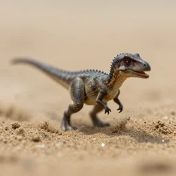 macro photo by national geographic of a tiny dinosaur emerging out through sand, fast shutter speed, motion blur, tiny gaussian blur, insanely detailed, insanely intricate, depth of field, low contrast, wide aperture, action photography