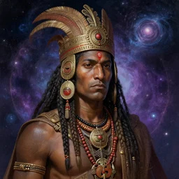 : taino indian shamen fantasy, cosmic fantasy magic, cosmos, intricate, sharp focus, illustration, highly detailed, digital painting, concept art, matte, jahbu art and paul lewin masterpiece