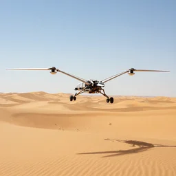 ornithopter mechanical vehicle flying over a beautiful desert with dunes, by greg rutkowski