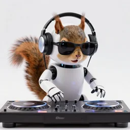 a robot squirrel wearing heaphones and sunglasses DJing with DJ turntables, photoreal