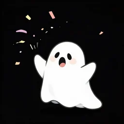 a cute ghost throwing up confetti, in the style of calvin and hobbes, black background