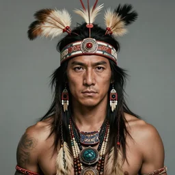 medium shot portrait, tribal headwear, takeshi kaneshiro as a brave tribal warrior, detailed, concept art by artem priakhin