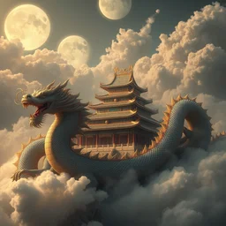 concept art of tang dynasty palace, flowy, melting, round moons, rich clouds, very detailed, volumetric light, mist, fine art, textured oil over canvas, dragons, epic fantasy art, very colorful, ornate intricate scales, gold skulls, fractal gems, 8 k, hyper realistic, high contrast, yuji moriguchi