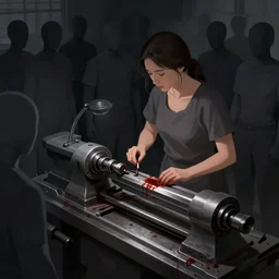 dark tone concept illustration, a lathe for processing parts, and there were blood stains on the lathe, women are surrounded by a lot of faceless, simple - dressed laborers. artstation trending in 4 k
