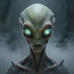 portrait of alien with long forehead. green semitransparant cloudy lightly glowing eyes. high quality photorealistic octane render 4 k, hyperrealism, volumetric fog, scary, unnerving, serious, dark, fear, concept art of chris foss, trending on artstation, cgstation, symmetric, horror, insectoid, reptiloid, alien features