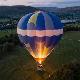 aerial photography, scotlan, hot air balloon shaped like a lightbulb, dusk