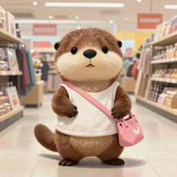 anthropomorphic furry otter wearing cute clothes in a shopping mall, trending on art station, furaffinity, syd mead, painting