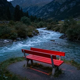 A river flowing through an alpine Landscape, A red park bench illuminated, digital art