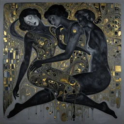 3 d female body silhouette sleeping in marbling liquid acrylic fluid drops, art noveauand art deco, klimt, modern, black colors, grey color pallete, cinestill, 7 0 mm photography, photography by amy leibowitz and volfgang schneider, bodypainting, painting by morava and goldalh, artstation, epic concept art, beautiful female face matte painting