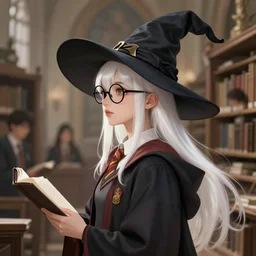 side portrait of female student witch, witch academia, magic school uniform, white hair color, library nerd glasses, by ruan jia and wlop and greg rutkowski and ross tran, digital art, illustration, highly detailed, concept art, beautiful, masterpiece