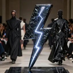 hyperdetailed masterpiece shot of a lightning bolt sculpture made of black marble, margiela, industrial, latex, neoprene, nylon, matthew williams, givenchy, balenciaga, yohji yamamoto, japanese avant garde fashion, fashion, paris, runway, collection, beautifully lit, glossy, hd, 4 k, 8 k, extremely clear focus, sharp, award winning fashion photograph