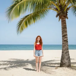 red haired girl on beach with a palm tree