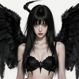 a beautiful illustration of a blackhaired girl - archangel with black wings, black bra, intricate, sharp focus, illustration, highly detailed, digital painting, concept art, matte, art by wlop and artgerm and greg rutkowski and alphonse mucha, masterpiece