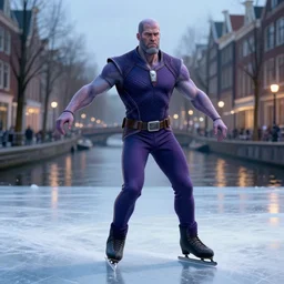 thanos ice skating in amsterdam canal, fantasy, high detail, elegant, digital painting, cinematic lighting, textured skin, highly detailed, artstation, unreal engine 5, breathtaking, illustration, ilya kuvshinov, nikolay makovsky
