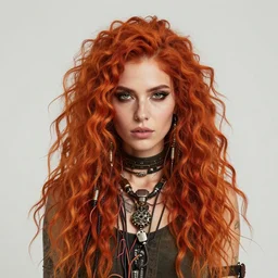 highly detailed portrait of wasteland punk long curly fire hair tribal lady, stray wiring by atey ghailan, james gilleard, by joe fenton, by greg rutkowski, by greg tocchini, by kaethe butcher, 4 k resolution, gradient red, orange, black and white color scheme!!! ( ( flaming robotic dystopian city spiral background ) )
