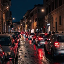 street in rome at night, cars waiting for traffic light, high buildings, architecture, red taillights, puddles, reflections, pedestrians, color grading, jeremy mann