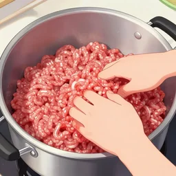 a pot full of psychogenic raw mince being mixed up by hands, pov, vaporwave