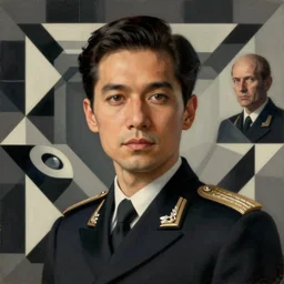 retro - futuristic portrait of a clean cut looking man in a formal military styled suit, ryoji ikeda and m. c escher, zdzislaw beksinski, wayne barlowe