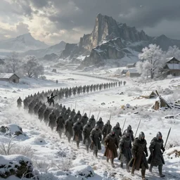 an army marching in winter, frost, medieval soldiers marching, fantasy concept art, by andreas rocha