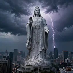 a gigantic diety, towering over a city, during a thunderstorm,