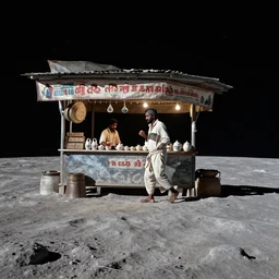moon surface, a malayali running a tea shop on the moon, dramatic lighting, cinematic, establishing shot, extremely high detail, photorealistic, cinematic lighting, artstation, matte painting, simon stalenhag