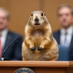 an obese prairie dog in a press conference room, giving a presidential speech
