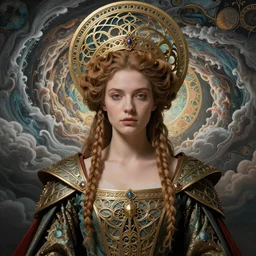 beautiful young medieval queen by charlie bowater, iris van herpen, jean delville, james jean spiraling clouds, art nouveau, visionary, symbolist, detailed centered face portrait octane render, ornate garments iris van herpen, ornate gothic icon