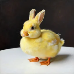 still life painting of a yellow laughing duck rabbit on a white table, high contrast lighting, impressionism, real fur, real feather