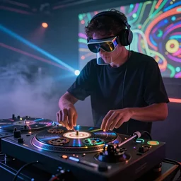 a person wearing goggles and visor and headphones using a retro record player contraption, wires and tubes, turntablism dj scratching, intricate planetary gears, cinematic, imax, sharp focus, leds, bokeh, iridescent, black light, fog machine, hazy, lasers, hyper color digital art