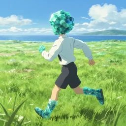 3D CG anime Land of the Lustrous Houseki no Kuni character Phosphophyllite person made of bluegreen gem rock running through a grassy field on a sunny day wearing a white business shirt with black tie and black shorts, ocean shoreline can be seen on the horizon, beautiful composition, 3D render, 8k, key visual, backlit, made by Haruko Ichikawa, Makoto Shinkai, studio Ghibli, A1 Pictures