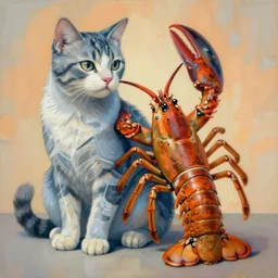 painting of hybrid between cat & lobster!, intercrossed animal, mixture animal, by tiffany bozic, by zdzislaw beksinski, logical anatomy, cold hue's, warm tone gradient background, concept art, beautiful composition, digital painting,