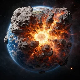 the earth is hit by massive asteroid and blown up by a big explosion and opens the core, epic, high details, dramatic lighting, 8 k
