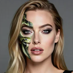 a beautiful portrait of margot robbie with snake makeup covering the left side of her face, hyper realistic, hyper detailed, artistic