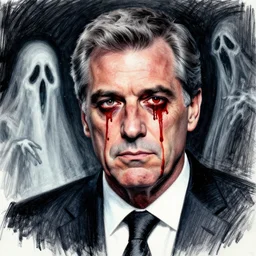 nicolas sarkozy horror drawing, blood flowing from his eyes, ghost, spooky, sarkozy